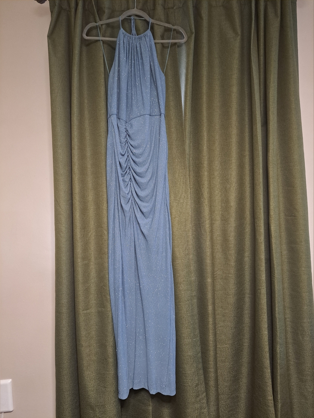 Light Blue Sparkle Halter Ruched Maxi Dress